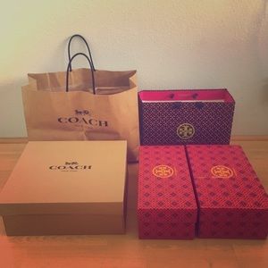 Tori Burch and Coach boxes and bags